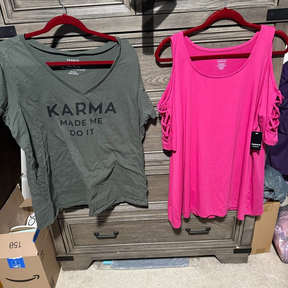 Torrid Green Graphic Tee and Pink Sleeveless Top